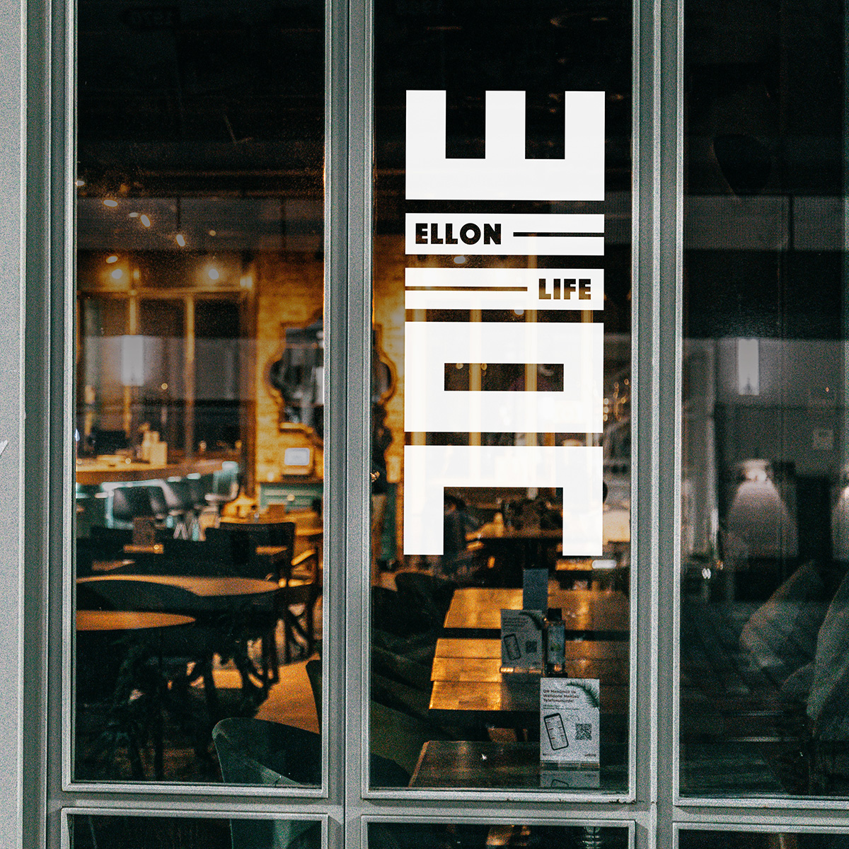 Ellon Life Brand stuck on a cafe window providing insight into Ellon Life