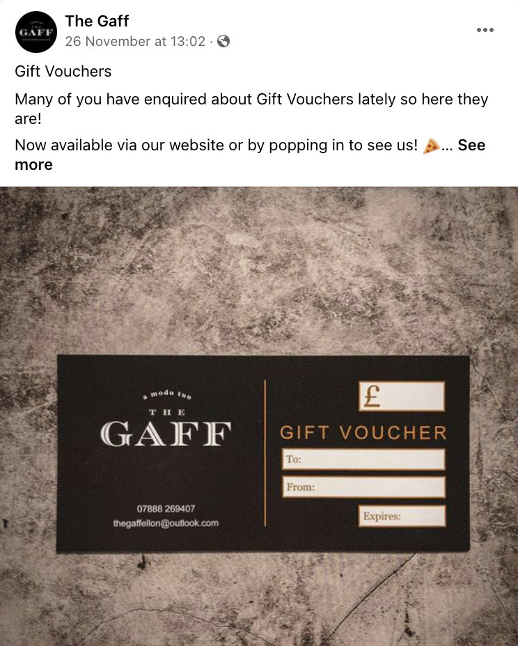 The Gaff, Ellon, Gift Vouchers Facebook Post