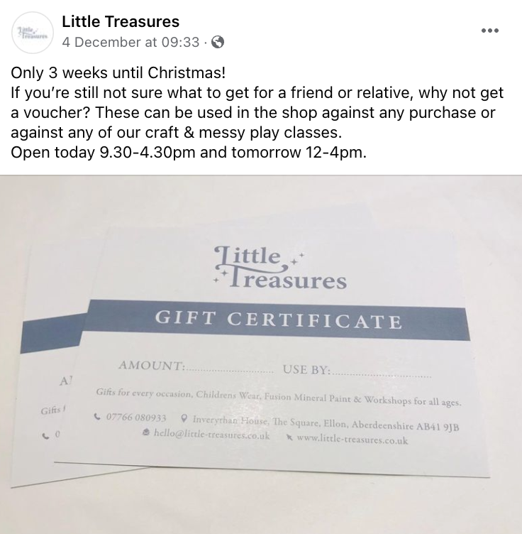 Little Treasures, Ellon, Gift Voucher Facebook Post